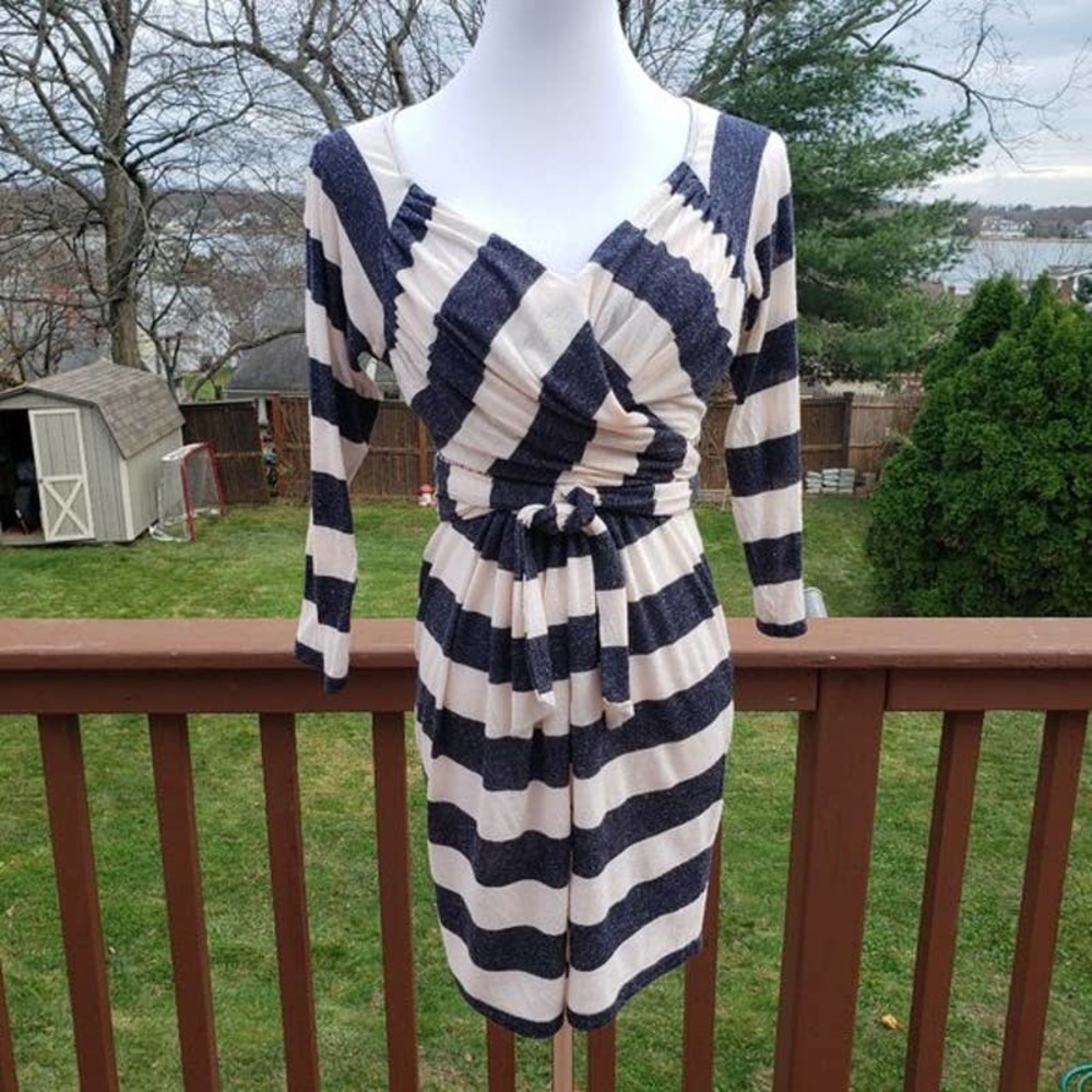OLIAN Maternity Dress Navy Cream Barbiecore Striped Tunic Knit Kayla L